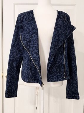 White House Black Market Designer Dark Blue Floral-Pattern Jean Moto Jacket